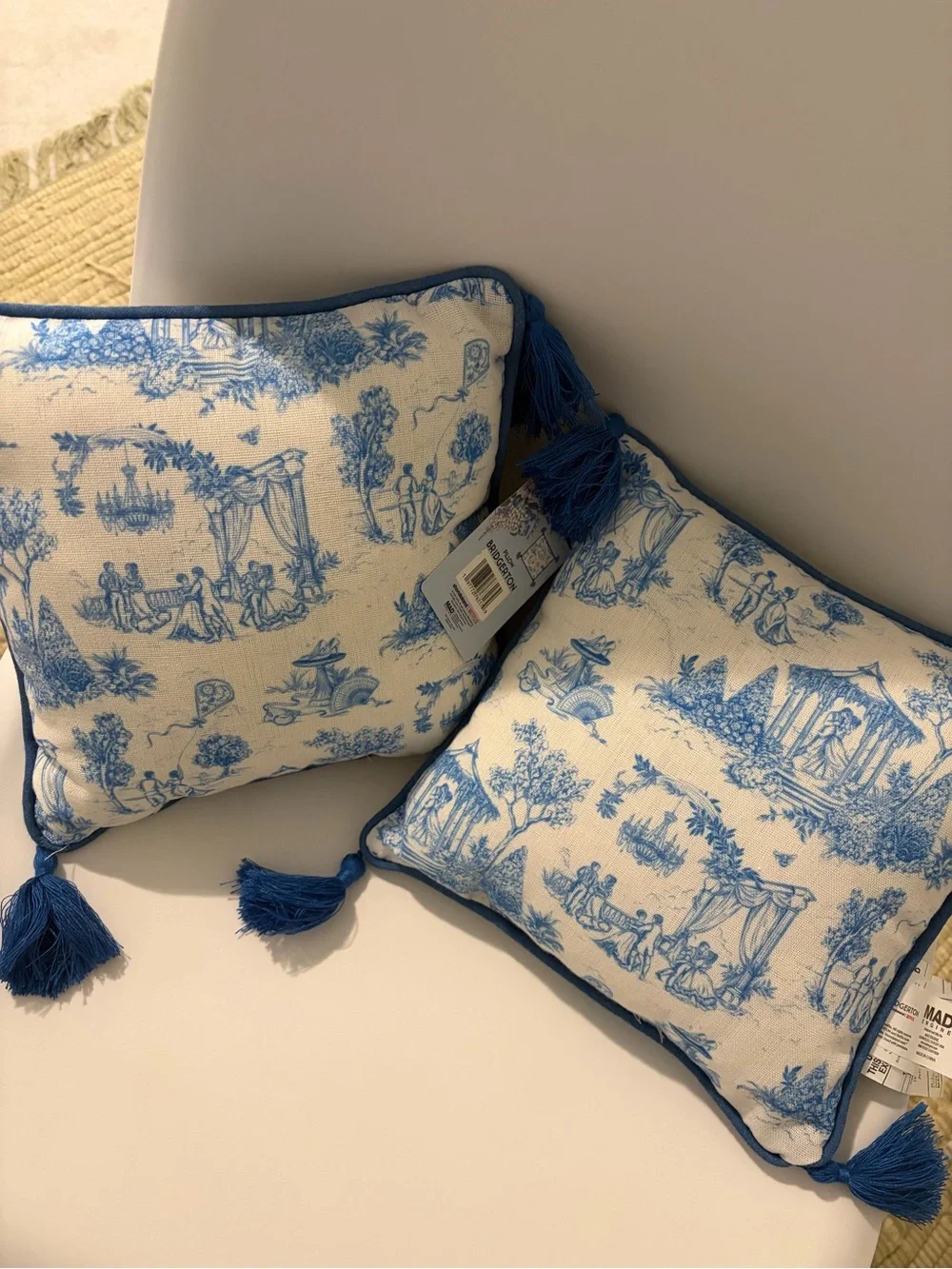 Set of 2 Blue Toile Tassel Throw Pillows 10 x 10 -
